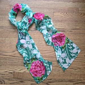 Silk Roses Scarf Vintage Head Tie Neck Wrap Rose Garden Long 84" X 9"